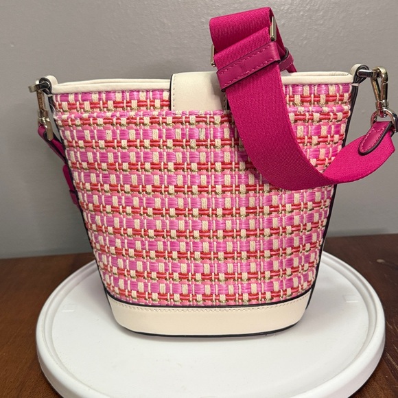 LIKE NEW KATE SPADE New York Audrey Pink Raffia Tweed Mini Bucket Crossbody - Picture 4 of 9